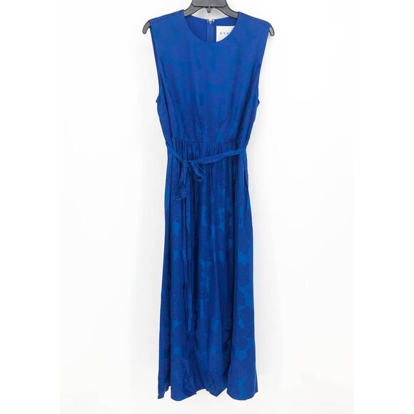 Dyvna Womens Floral Shift Midi Dress Large Cobalt Blue Sleeveless Tie Waist NWT - Picture 2 of 10